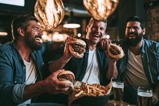 Three cheerful bearded men laughing and eating burgers and french fries together in pub bar