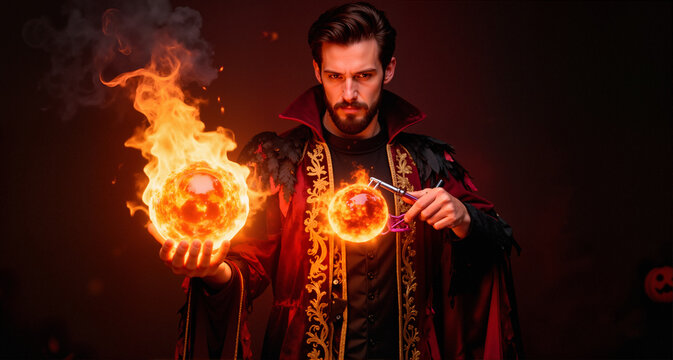 Fire mage casting a fireball. Men's Halloween costume.