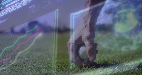Placing right-side hand positioning dimpled golf ball on putting green, showing HUD line charts © vectorfusionart