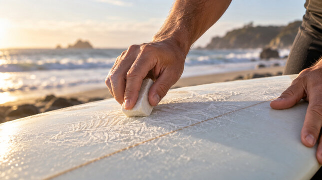 Mano extendiendo cera sobre superficie de tabla surf