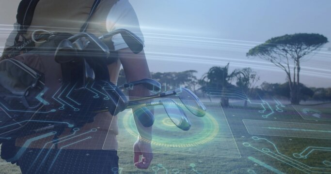 Jogging mature runner in sportswear and backpack across open field, showing robotic HUD overlays