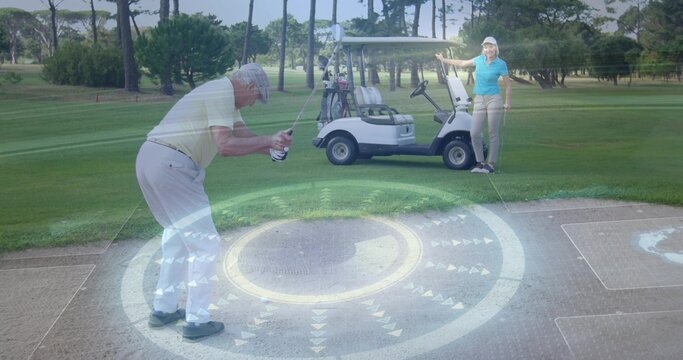 Swinging light-polo man hitting bunker shot at parkland course, with HUD, golf club, copy space