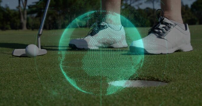 Preparing woman in white golf shoes aligning putt on putting green with golf ball and hologram
