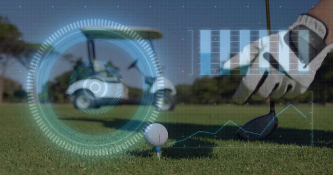 Aligning golf ball on blue tee at tee box, with club head, glove, golf cart, AR