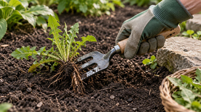 Mano retirando hierba espont&aacute;nea con peque&ntilde;a horquilla jardinera
