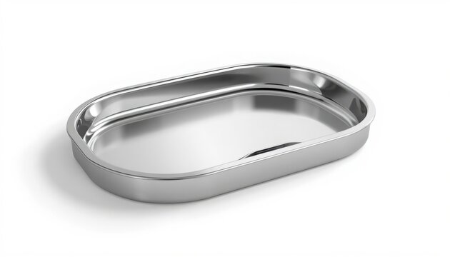 Shiny polished stainless steel rectangular medical instrument tray featuring rounded corners and smooth reflective surface on transparent background