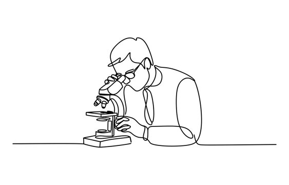 Continuous single line drawing of a scientist looking through a microscope in a laboratory for medical research and scientific study concepts