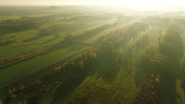 Drone shot of rural ecosystem and farmland