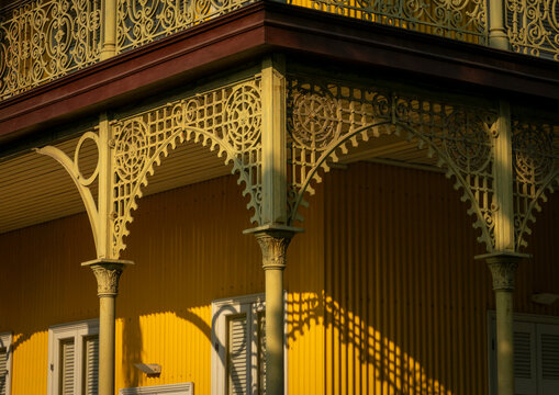 Corner ironwork brackets and columns support two balcony levels of the Palacio de Ferro, Luanda Province, Luanda, Angola