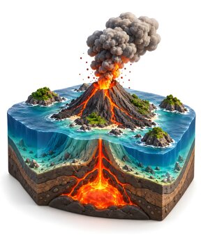 3D Cross Section of an Erupting Volcanic Island Showing Magma Beneath the Ocean