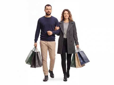 Young adult couple walking together linking arms while carrying various colorful shopping bags.