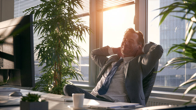 business professional returning to work refreshed after a healthy break, bright modern office