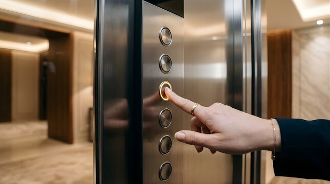 Person pressing an illuminated metal elevator button in a luxury lobby