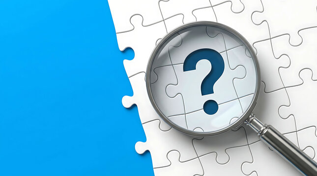 Magnifying glass examining white jigsaw puzzle pieces with a blue question mark