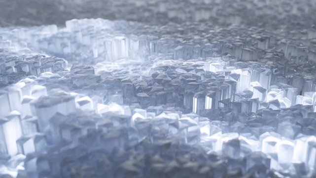 Glowing Crystal Columns and Geometric Ice Pillars in Futuristic Abstract Landscape