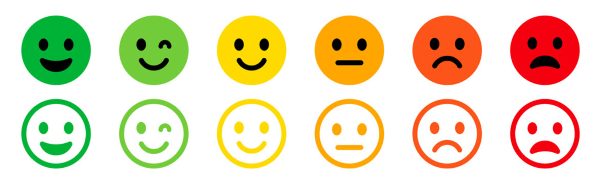 Emoticons icons set. Emoji faces collection. Emojis flat style. Happy happy, smile, neutral, sad and angry emoji. Line smiley face - stock vector