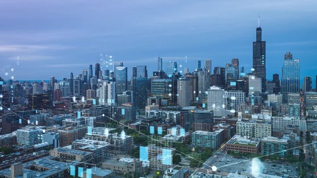 Smart city network showing big data communication and financial charts in downtown Chicago with futuristic digital overlay and information graphics connecting buildings