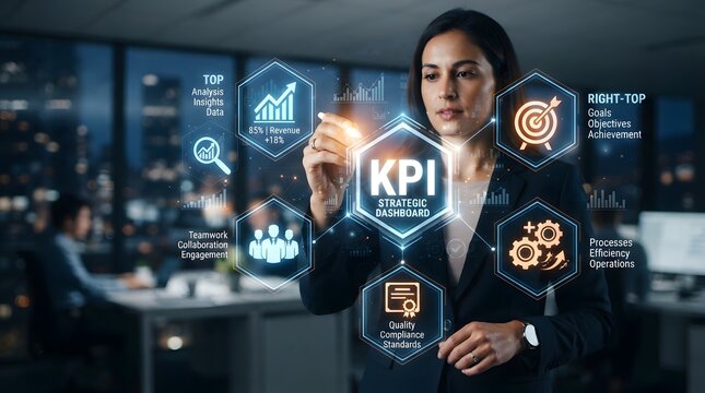 Businesswoman Presenting KPI Performance Metrics Dashboard for Corporate Strategy and Business Growth