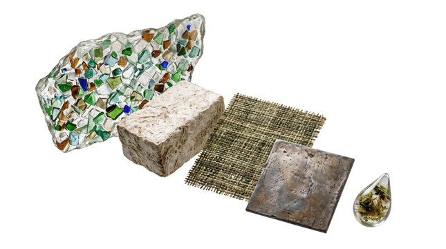 Sustainable building material samples, recycled glass mosaic and mycelium brick, eco-friendly construction textures on white background