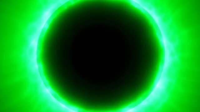 Glowing green and cyan ring surrounding dark circle on abstract digital background