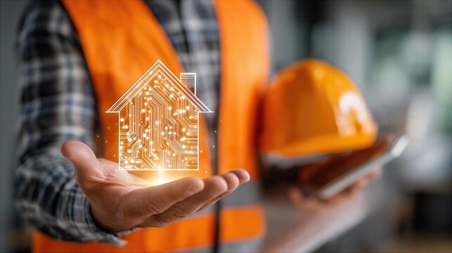 Construction worker shows digital house model while holding helmet