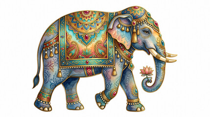 Obraz premium Decorated elephant with ornate colorful blanket and traditional patterns