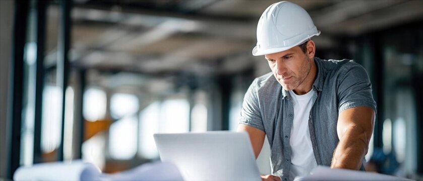 Construction worker uses laptop while reviewing plans at a job site during the day