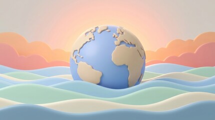 Fototapeta premium Globe Representing Earth, World and Continents, A stylized globe surrounded by waves and pastel clouds at sunrise.