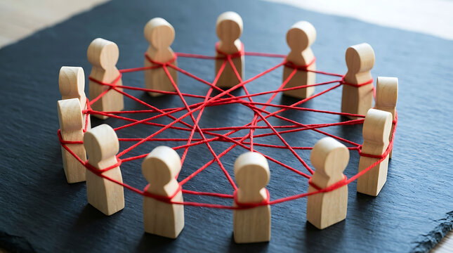Wooden figures connected with red string representing social network and team