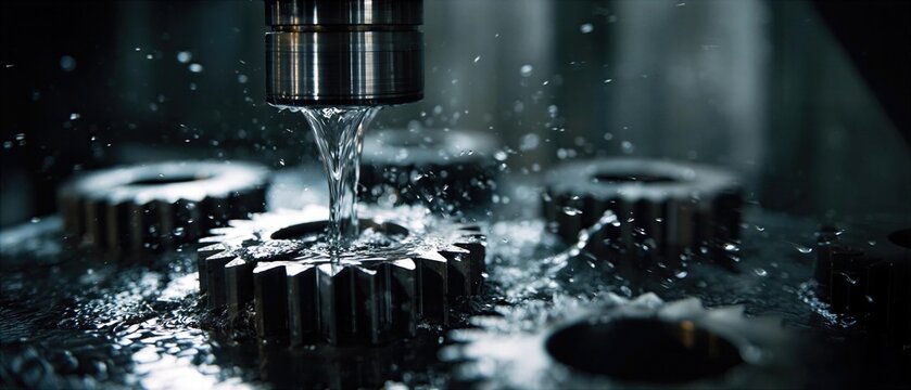 Water flowing over gears in a machining process at an industrial location