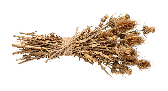Bundle of dried thistle flowers tied with twine on a white background