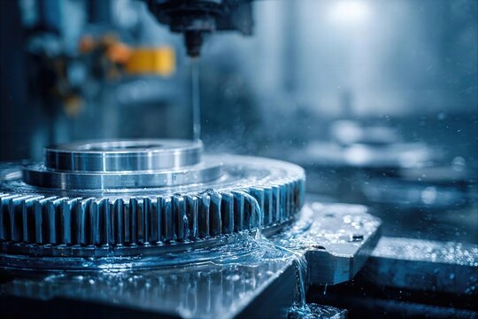 Machining process taking place in a factory with metal parts and coolant