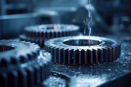 Close up of gears with water dripping in a workshop environment