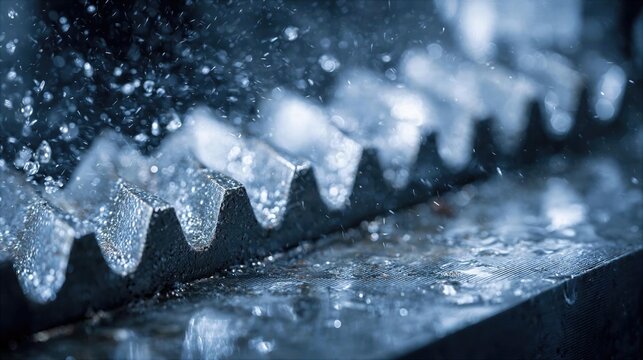 Close-up view of water droplets splashing on metal gear during rainy weather