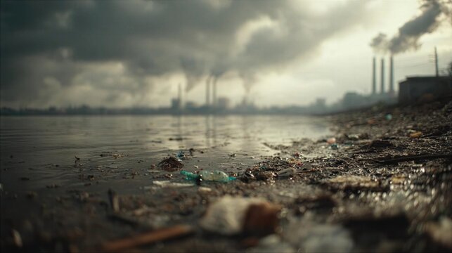 Pollution at a riverbank with garbage and smoke from factories in the distance