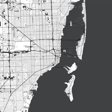Minimal vector city map of Miami with streets, parks and Biscayne Bay