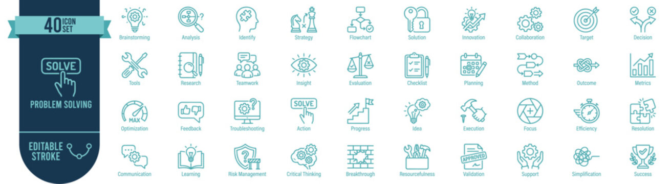 Problem solving vector icon set with editable stroke featuring lightbulb brainstorm target checklist teamwork and strategy for business decision making presentation and workflow design