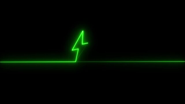 Bright green neon lightning bolt symbol and horizontal line isolated on a black background for digital energy technology and electric power graphic design concepts