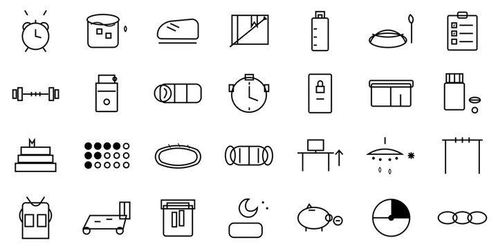 Willpower and Discipline Sharp Line Icon Set- Alarm Clock, Cold Plunge, Running Shoes, Dumbbell, Journal and Habit Tracker for Self-Improvement Design