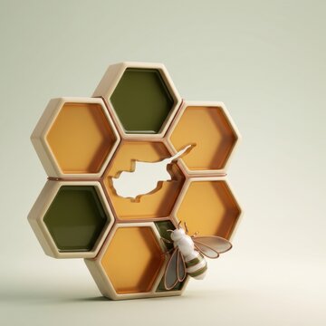 Stylized honeycomb totem representing Cyprus with a bee accenting creative design