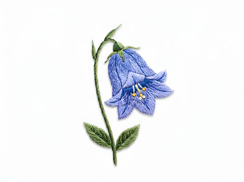 Delicate blue bell flower with drooping petals and green stem with leaves on white background