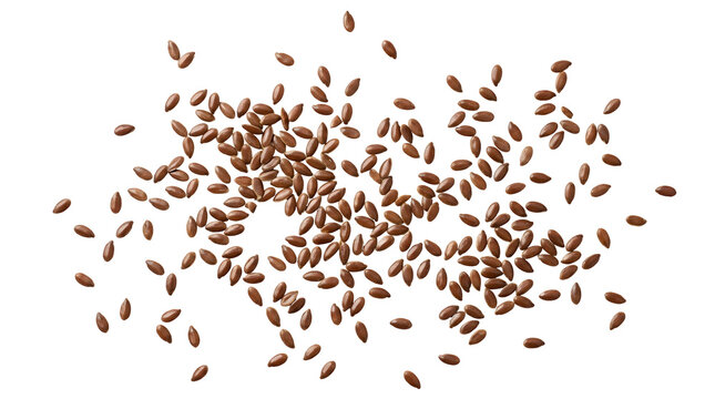 Scattered brown flaxseeds isolated on a transparent background for healthy food design elements