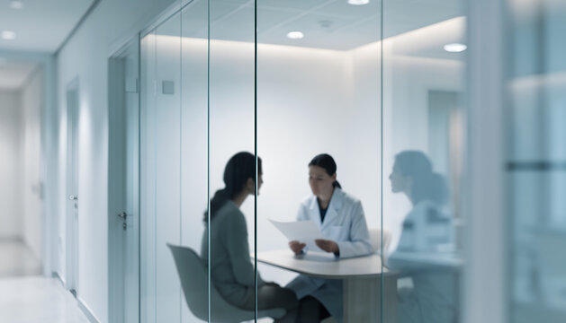 Professional medical consultation occurring behind a clear glass wall in a bright modern clinic office setting