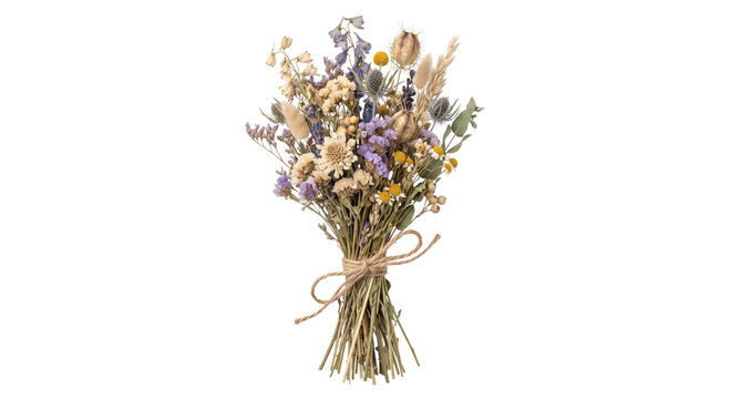 Rustic dried flower bouquet tied with twine on a clean white background