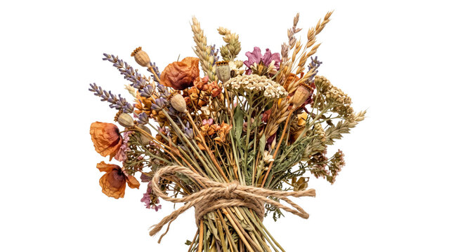 Rustic dried flower bouquet tied with twine on a white background