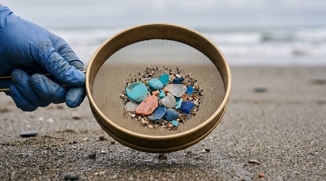 Microplastic fragments revealed in a beach sand sieve