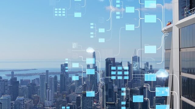 Smart city of Toronto with digital overlay showcasing cloud computing servers, data visualization, network connections, information technology, futuristic urban life