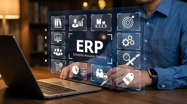Businessman using laptop with ERP enterprise resource planning software interface