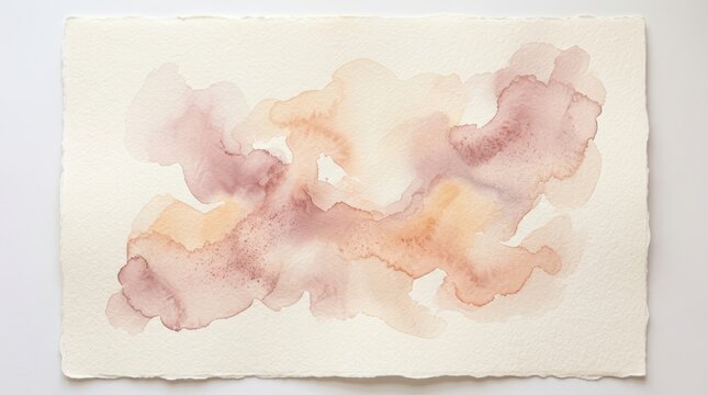 Abstract watercolor painting with soft peach and dusty rose pink clouds on textured paper