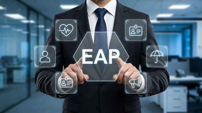 Businessman interacting with digital screen interface showing EAP benefits icon